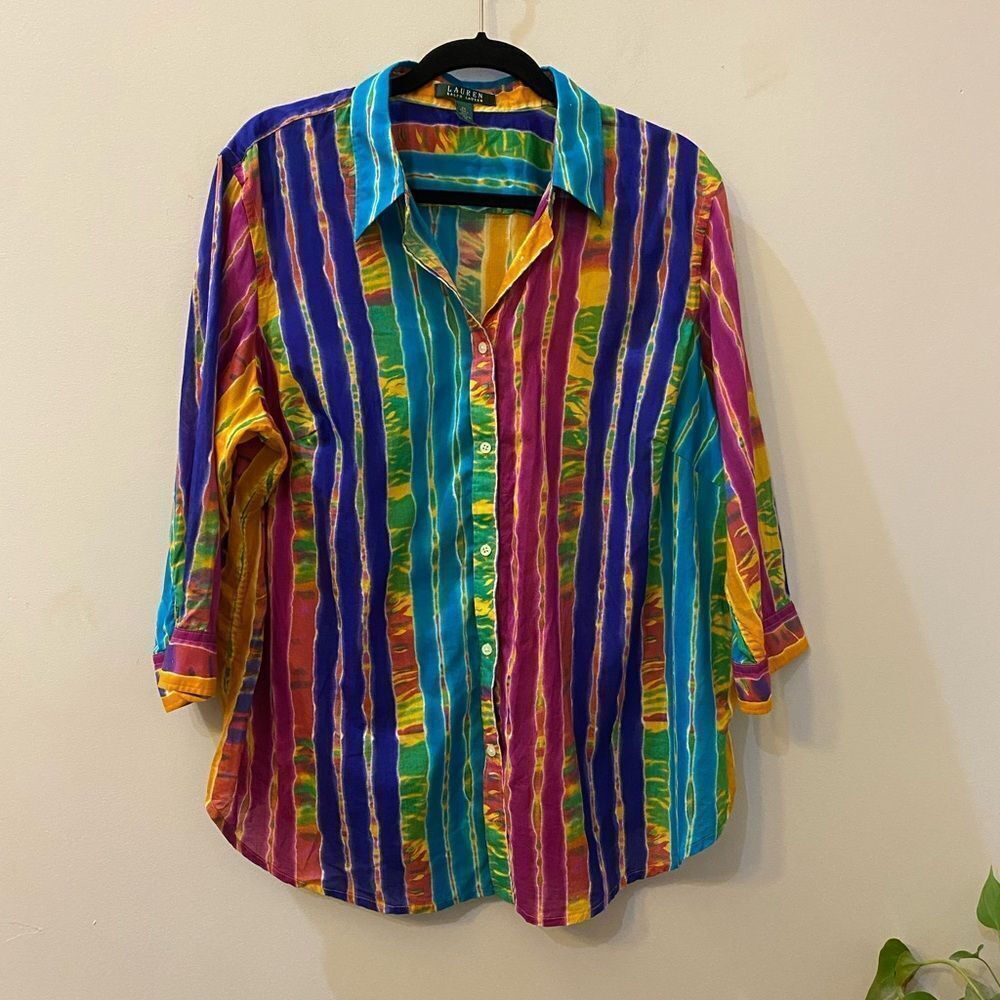 Ralph Lauren Psychedelic Tie-Dye Striped Button Shirt Women Size 2XL